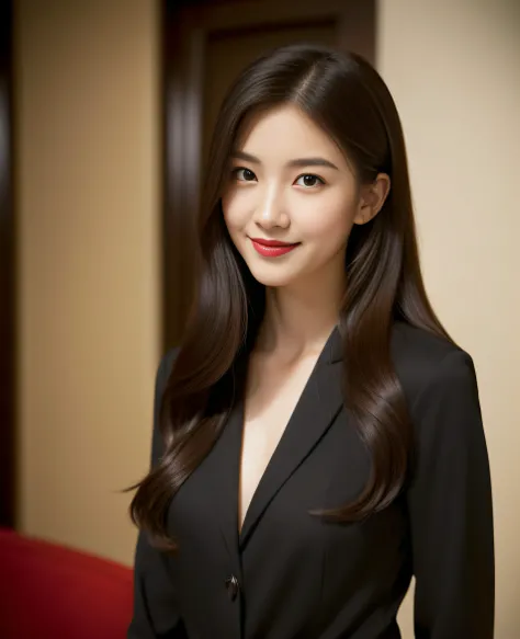 ((best quality, 8K, masterpiece: 1.3)), beautiful girl, pure, melon face, kind and cute, sweet smile, pure desire, slender body, (front), (tilted head), ((looking at camera) ), wearing a crimson suit, black silky medium hair, long flowing shoulders, round ...