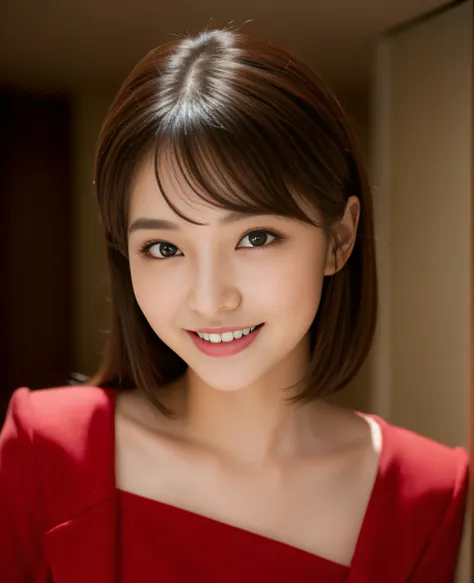 ((best quality, 8K, masterpiece: 1.3)), beautiful girl, pure, melon face, kind and cute, sweet smile, pure desire, slender body, (front), (tilted head), ((looking at camera) ), wearing a crimson suit, black silky medium hair, long flowing shoulders, round ...