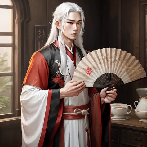 Man with long white hair，red color Hanfu，Fan in hand