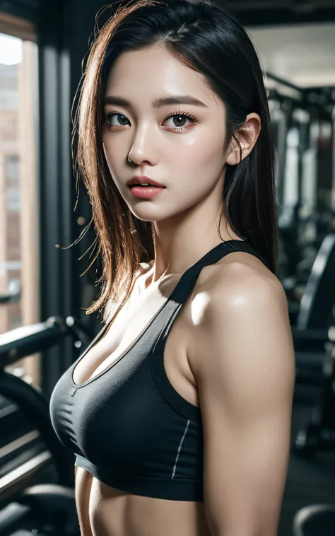 Highly detailed CG Unity 8k wallpaper, top quality, super detailed, masterpiece, realistic, photo realistic, very detailed cute girl, 25 years old, Muscle, abs, round eyes, viewer,  blush, parted lips, half body shot ,
sportswear , gym