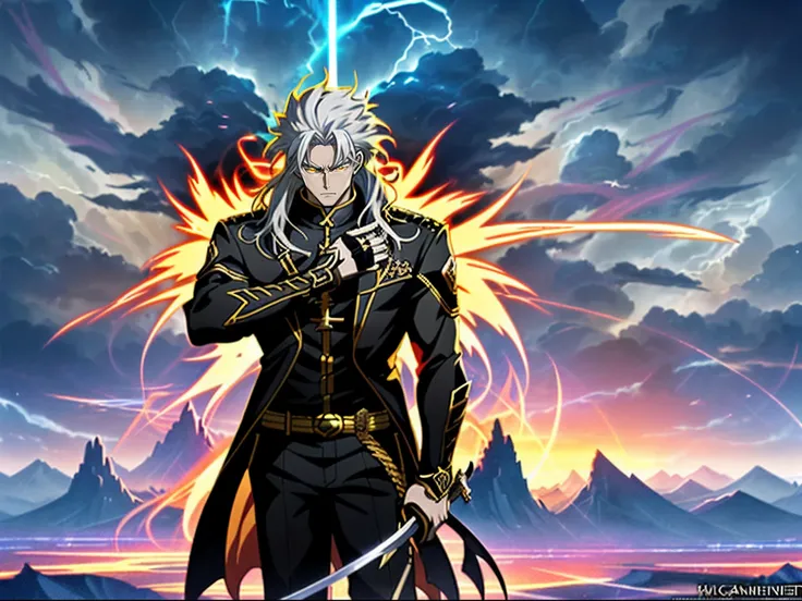 White long-haired anime character, Yellow eyes and sword stand in front of Lightning， Detailed key anime art, White-haired god, Key anime art, detailed anime character art, shadowverse style, handsome guy in demon killer art, full art, rimight, high detail...