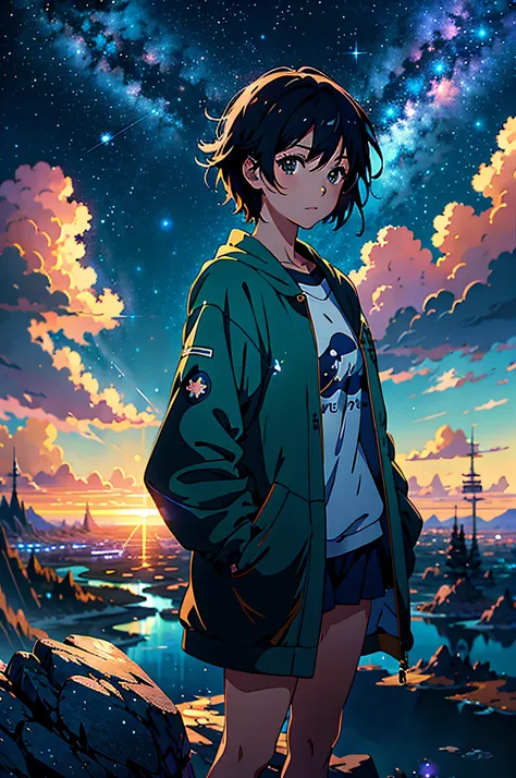 Anime girl standing on a rock looking at blue-green starry sky, makoto shinkai cyril rolando, anime art wallpaper 4k, anime art wallpaper 4k, Anime art wallpaper 8k, cosmic sky. by makoto shinkai, inspired by Cyril Rolando, in the style dan mumford artwork...