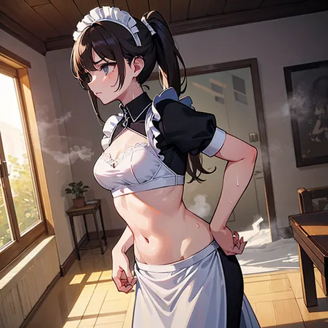 ((Masterpiece)), ((Best quality)), ((Best quality)), (Illustration of One Girl), Black long ponytail hair，With a petite figure，（Exposing the abdomen） The body is sullen，Wearing sweat, Steam Drifting Around the Body, ((Maid clothes)), indoor