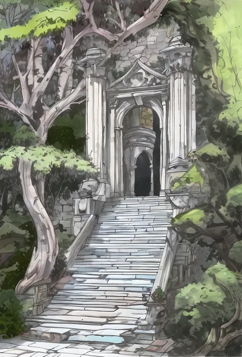 A drawing of a stone building，A tree grew on it, secret overgrown temple, ancient magical overgrown ruins, ancient ruins in the forest, ancient overgrown ruins, ancient overgrown! 废墟, entrance to ethereal realm, mysterious temple setting, entrance to an an...