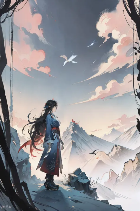 （tmasterpiece），（（A high resolution））， （ （（top-quality））， （（super-fine））， （（Ultra Fine CG）），A woman stands in front of a Chinese phoenix，A lot of cold air surrounds around， Sky blue phoenix，Rocks，the woods，Long shot(LS)