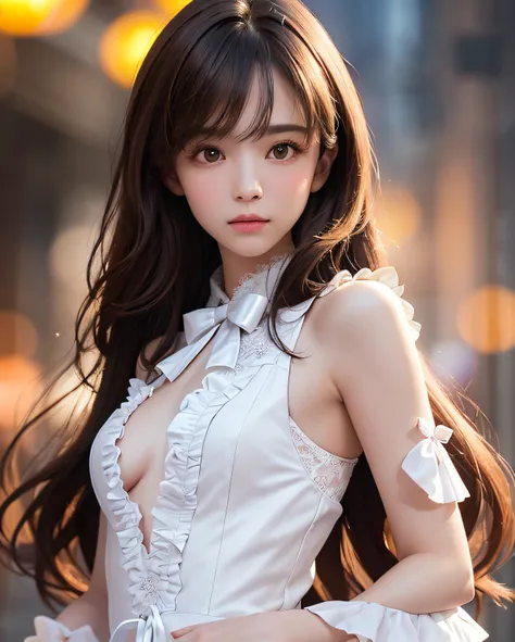 best quality, ultra hi res, photoreaslistic, a photography of a beautiful girl,  detailed face, undressing, (detailed Cropped lace blazer with a lot of frills and ribbons), Mountain, (face close up), seductive look, looking at another, random background, S...