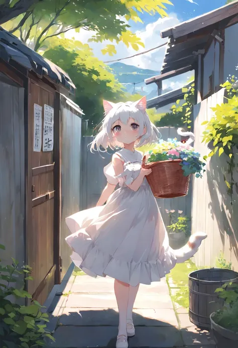 Anime cat-eared girl in white dress standing in garden, Hang the laundry to dry，Holding a laundry basket，loli in dress, small curvy loli, artwork in the style of guweiz, guweiz on pixiv artstation, guweiz on artstation pixiv, guweiz, small loli girl, soft ...