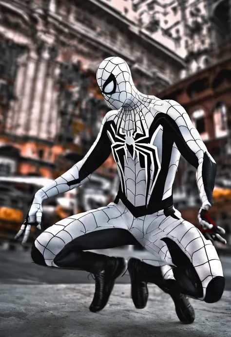 Spider-Man in white/black uniforms, Black clothing details, hdr, hyper HD, 64k, Highly detailed, professional photoshooting：Sergio Nogueira, trending on artstationh, illusory engine, Vivid colors, High-resolution scanning