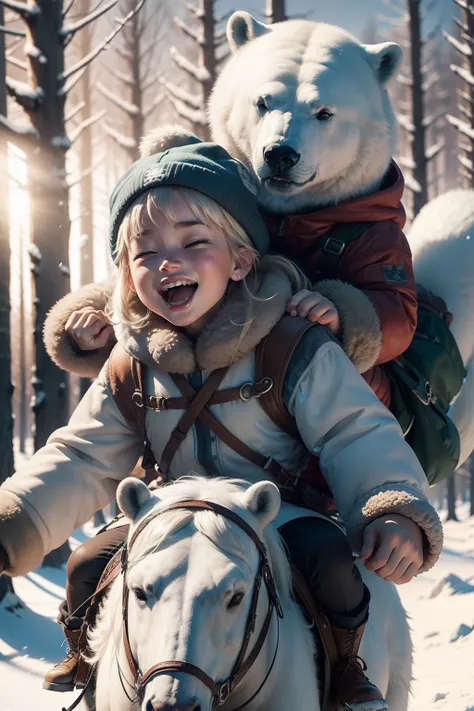 A very dynamic scene. A huge polar bear rides a little Eskimo girl of 4 years old on its back. The girl is very cheerful and laughs widely and waves her hands affably. The girl is dressed in national northern clothes. a closeup of a. a lot of details. Cart...