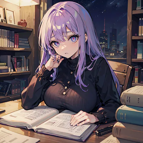 Beautiful woman　Studying　Focused face　on desk　atlibrary　deep in the night　murky　nighttime scene　starrysky　Test Preparation　Pupils　Purple hair　Studying Mathematics　Colossal tits　Beautiful eyes that seem to be sucked in