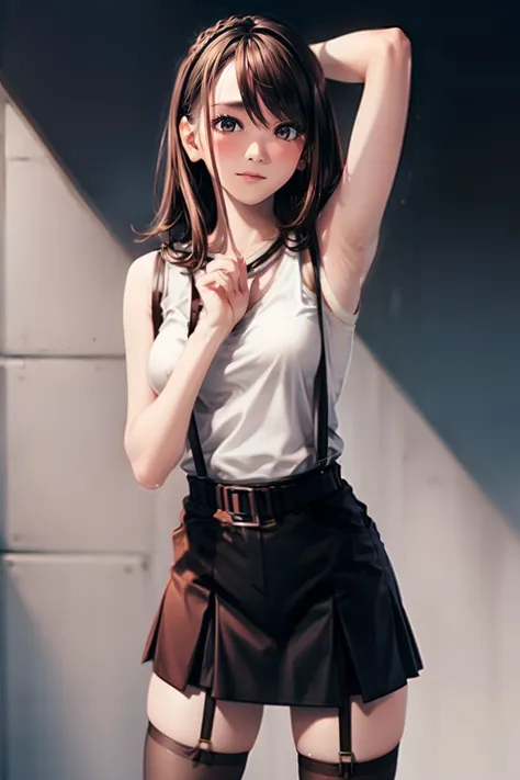 skirt by the, Tank Top Suspenders, Brown hair short, Gray eyes, Garter belt on the legs, Big and tight clothes, 　　 a belt　Armpit sweat　　Expressionless Mask