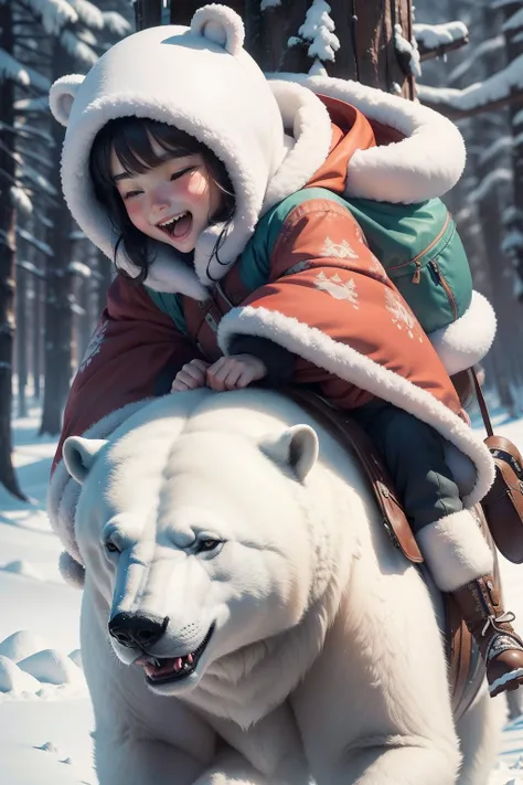 A very dynamic scene. A huge polar bear rides a little Eskimo girl of 4 years old on its back. The girl is very cheerful and laughs widely and waves her hands affably. The girl is dressed in national northern clothes. a closeup of a. a lot of details. Cart...