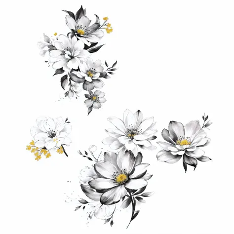 Three black and white flowers are shown on a white background, Flores estilizadas, sketch black and white colors, Flores rodopianas, Aquarela preta e branca, flor, flores em flor, sumi - estilo e, flores irregulares, flores manchadas, grandes flores opacas...