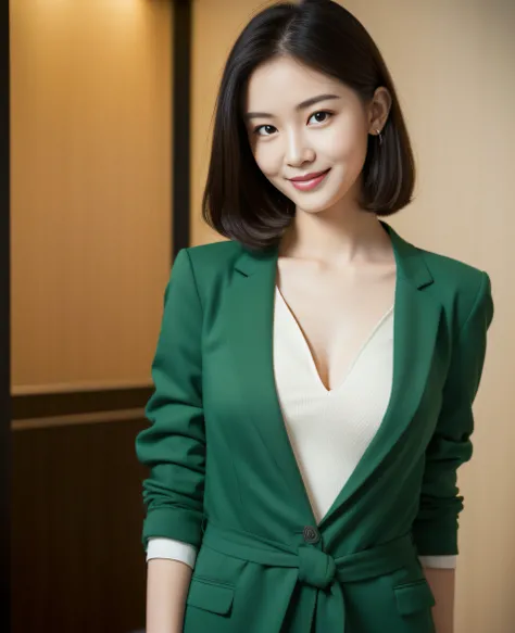 ((best quality, 8K, masterpiece: 1.3)), beautiful girl, pure, melon face, kind and cute, sweet smile, pure desire, slender body, (front), (tilted head), ((looking at camera)) , wearing a green suit, smooth black medium hair, long flowing shoulders, round b...