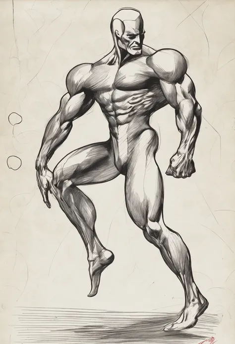 Dibujo de un hombre con un traje rojo montando una ola, Anatomical drawing of Saitama, inspirado por Alexander Archipenko, Strange expressionist pose, inspirado por Allen Jones, inspirado por Heinrich Kley, Dynamic energetic pose, dissection sketch, dynami...