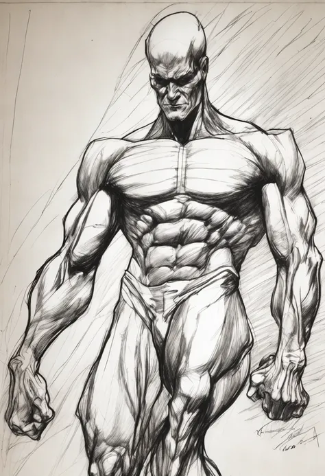 Dibujo de un hombre con un traje rojo montando una ola, Anatomical drawing of Saitama, inspirado por Alexander Archipenko, Strange expressionist pose, inspirado por Allen Jones, inspirado por Heinrich Kley, Dynamic energetic pose, dissection sketch, dynami...