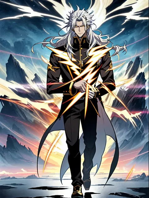 White long-haired anime character, Yellow eyes stand in front of Lightning， Detailed key anime art, White-haired god, Key anime art, detailed anime character art, shadowverse style, handsome guy in demon killer art, full art, rimight, high detailed officia...