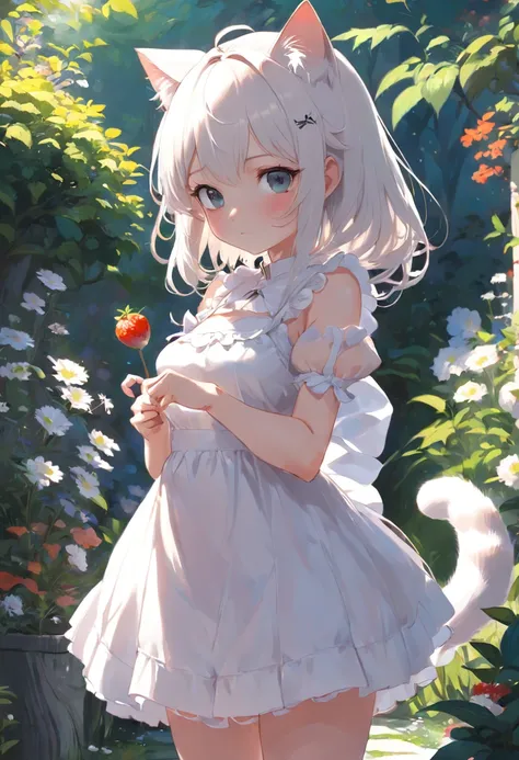 Anime cat-eared girl in white dress standing in garden, Lori in dress having breakfast, small curvy loli, artwork in the style of guweiz, guweiz on pixiv artstation, guweiz on artstation pixiv, guweiz, small loli girl, soft anime illustration, Anime visual...