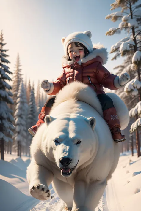 A very dynamic scene. A huge polar bear rides on the back of a little Eskimo girl of 4 years old. The girl is very cheerful, laughs broadly and waves his hands affably. The girl is dressed in national northern clothes. a closeup of a. a lot of details. Dis...