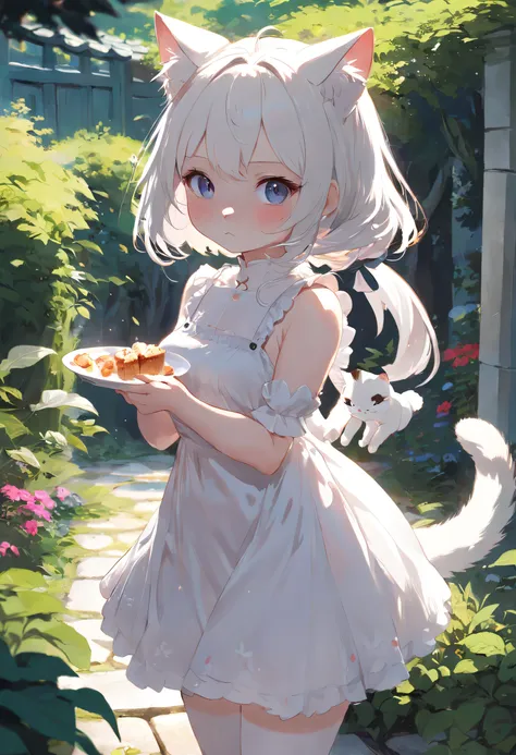 Anime cat-eared girl in white dress standing in garden, Lori in dress having breakfast, small curvy loli, artwork in the style of guweiz, guweiz on pixiv artstation, guweiz on artstation pixiv, guweiz, small loli girl, soft anime illustration, Anime visual...