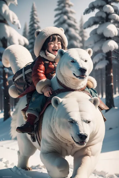 A very dynamic scene. A huge polar bear rides on the back of a little Eskimo girl of 4 years old. The girl is very cheerful, laughs broadly and waves his hands affably. The girl is dressed in national northern clothes. a closeup of a. a lot of details. Dis...