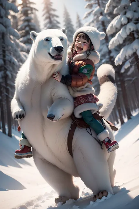 A very dynamic scene. A huge polar bear rides on the back of a little Eskimo girl of 4 years old. The girl is very cheerful, laughs broadly and waves his hands affably. The girl is dressed in national northern clothes. a closeup of a. a lot of details. Dis...