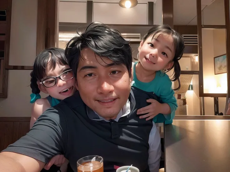 there are three people sitting at a table with drinks and a cell phone, 8k selfie photograph, 4 0 years old man, happy family, 38 years old, taken with sony alpha 9, 3 6 years old, john jude palencar, 3 2 years old, kid, with a kid, taken on iphone 1 3 pro