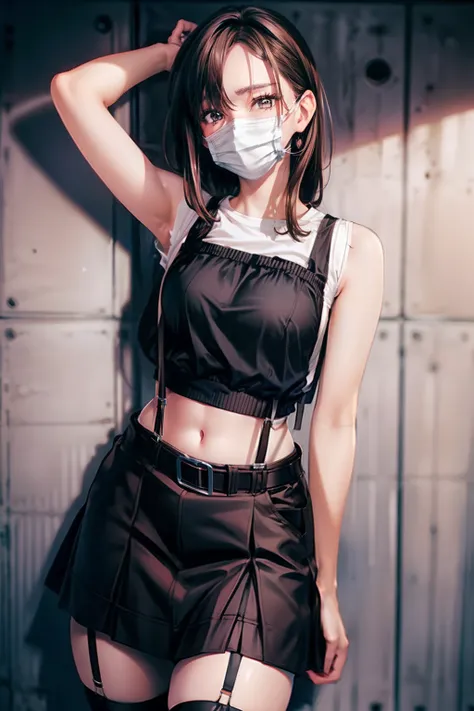 skirt by the, Tank Top Suspenders, Brown hair short, Gray eyes, Garter belt on the legs, Big and tight clothes, 　　 a belt　Armpit sweat　　Expressionless Mask