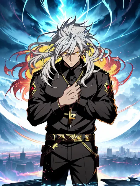 White long-haired anime character, Yellow eyes stand in front of Lightning， Detailed key anime art, White-haired god, Key anime art, detailed anime character art, shadowverse style, handsome guy in demon killer art, full art, rimight, high detailed officia...