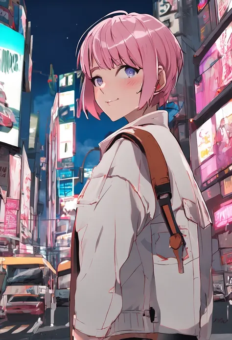 1girl, short pink hair, brown eyes, wearing white shirt,jacket on waist, denim shorts, city, absurdres, high res, ultrasharp, 8K, masterpiece, looking at viewer