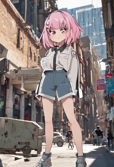 1girl, short pink hair, brown eyes, wearing white shirt,jacket on waist, denim shorts, city, absurdres, high res, ultrasharp, 8K, masterpiece, looking at viewer