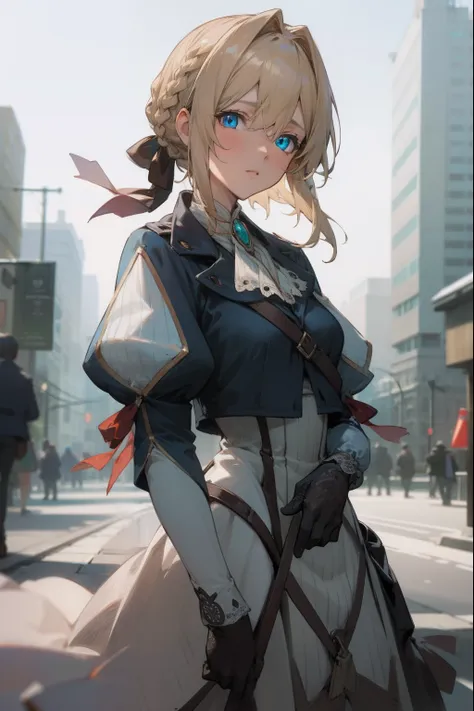 violetevergarden, violet evergarden, blonde hair, blue eyes, hair ribbon, ribbon, short hair, braids, hair braids, red ribbon, mature female,
BREAK blue jacket, brown gloves, cropped jacket, dress, gloves, green brooch, jacket, juliet sleeves, long sleeves...