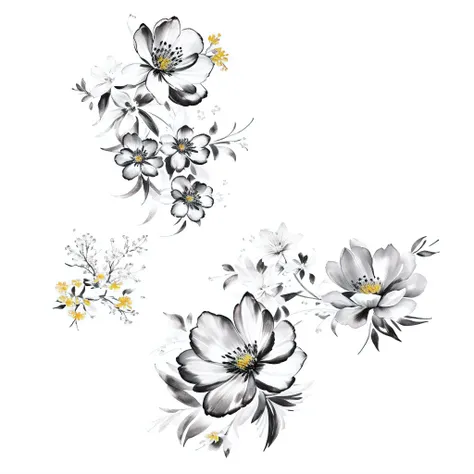 Three black and white flowers are shown on a white background, Flores estilizadas, sketch black and white colors, Flores rodopianas, Aquarela preta e branca, flor, flores em flor, sumi - estilo e, flores irregulares, flores manchadas, grandes flores opacas...