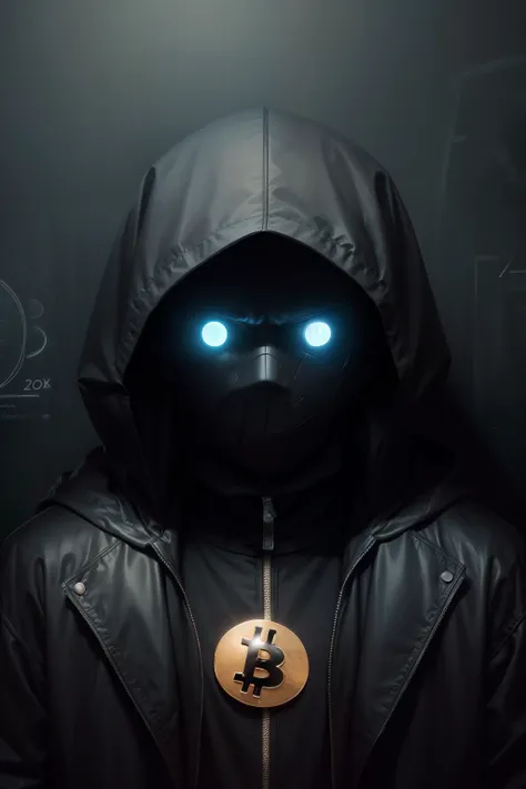 a men with no face hiding in the dark in the front of a blackboard with some formulas and a bitcoin sign on it