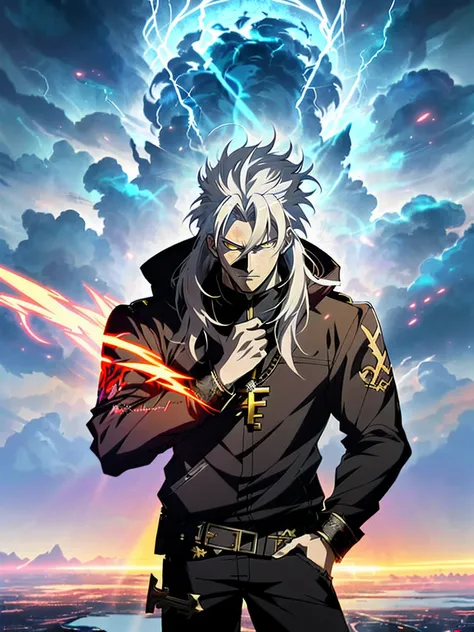 White long-haired anime character, Yellow eyes stand in front of Lightning， Detailed key anime art, White-haired god, Key anime art, detailed anime character art, shadowverse style, handsome guy in demon killer art, full art, rimight, high detailed officia...