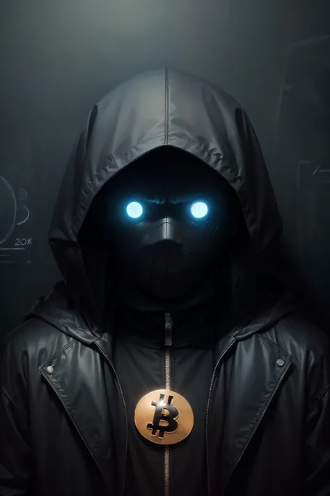 a men with no face hiding in the dark in the front of a blackboard with some formulas and a bitcoin sign on it