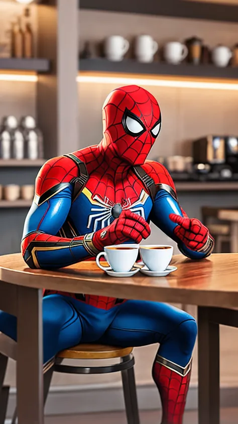 prompt:Spider-Man drinking coffee in coffee shop with Iron Man . 8k ultra HD. Hyper Realistic. --auto --s2