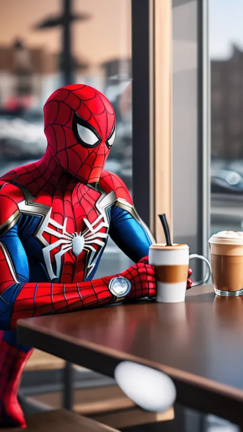 prompt:Spider-Man drinking coffee in coffee shop with Iron Man . 8k ultra HD. Hyper Realistic. --auto --s2