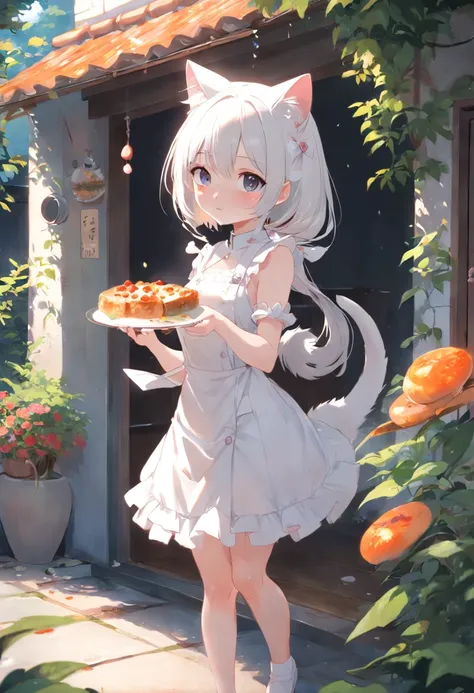 Anime cat-eared girl in white dress standing in garden, Making breakfast in the kitchen，loli in dress, small curvy loli, artwork in the style of guweiz, guweiz on pixiv artstation, guweiz on artstation pixiv, guweiz, small loli girl, soft anime illustratio...