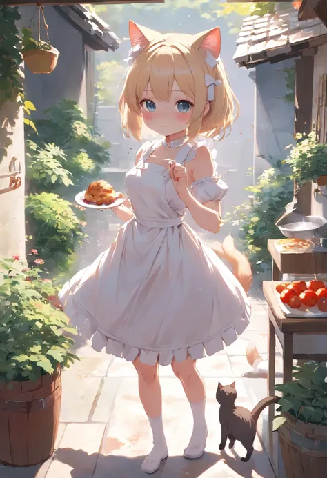 Anime cat-eared girl in white dress standing in garden, Making breakfast in the kitchen，loli in dress, small curvy loli, artwork in the style of guweiz, guweiz on pixiv artstation, guweiz on artstation pixiv, guweiz, small loli girl, soft anime illustratio...