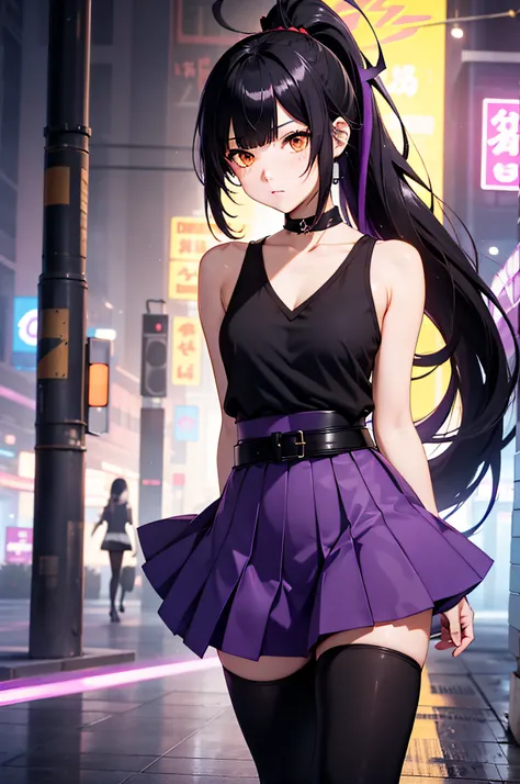 sleeveless shirts, young 1girl, solo, sakifuwa, glazed eyes, very long hair, ponytail, orange eyes, black hair, ahoge, black tights, long leggings, purple strain of hair, very purple long skirt, stylish at cyberpunk, night time