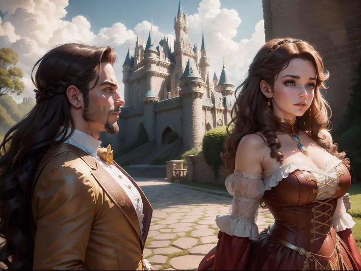 beauty and the beast (disney beauty and the beasts reference), the girl have big breasts ( vintage dress, brownish hair, wavy hair, jewelry), the man is abeast and have muscular body in vintage dress, the background is a castle, cinematic, cloudy bright sk...