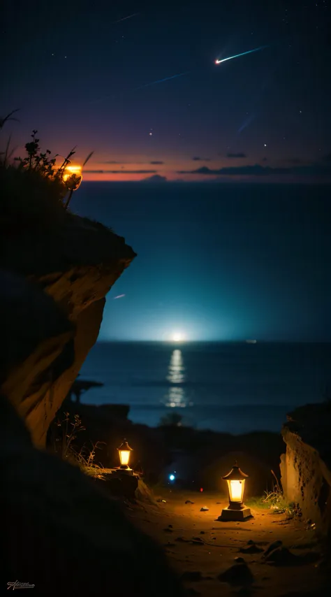 night on the cliff, 1 monk seen from the back, fireflies as bright as the midnight sun, brilliant landscape, 3 point composition perspective, galactic flow lighting, unreal engine 5, description Scene details along the horizon, 16k resolution, tilt angle,m...