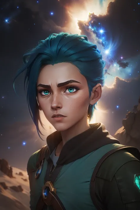 blue hairs,Green eyes,Arcane Style,youth,milkyway,shooting stars,