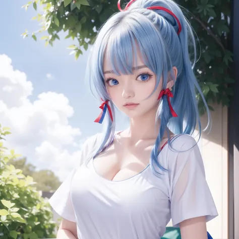 Ayaka, character from genshin impact, blue long hair, ponytail hairstyle with red ribon, blue eyes, white shirt, big breast