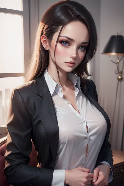 a lady with formal clothes , sexy look , hunter eye , classy lips , with unhook 1st two shirt buttons