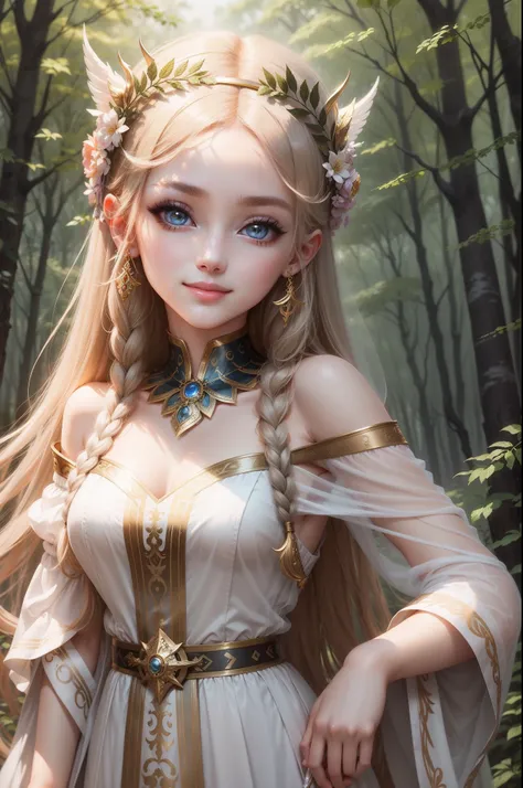 The personification of Artemis in Greek mythology 、infp young woman、、boldness、Noble clothing when hunting、Background in the forest、Sophisticated illustrations、Big eyes、Transparent eyes、Beautiful makeup、long eyeslashes、A smile、Smile、、Solo Photography、beatif...