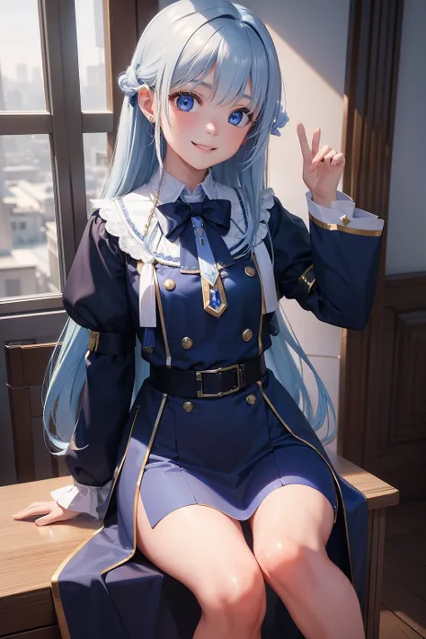 ​masterpiece、hightquality、3D、8K CG、细致背景、sacredness、((1girl))、Pedras preciosas、Lustrous blue hair、Silvery eyes、Shining eyes、Cute Uniform、mischievous smile、Confident smile、‎Classroom