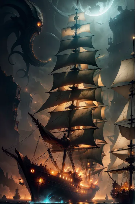 ghost ship, fantasy art, sophisticated, beautiful, glowing, golden hour, space, ultra-detailed, detailed modeling, hull is broken, fantastic, mysterious, creepy, decaying sails, foggy, Flickering lights, realistic, detailed illustrations, high resolution, ...