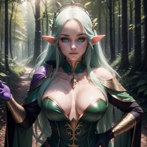 beautiful elf beautiful elf, with large breasts, in the woods, elven purple green blue dark outfit with gold lining, Cyan eyes, Black leather gloves, The green dress is evolving, long yellow hair, Beautiful white sunlight makes its way through the forest, ...